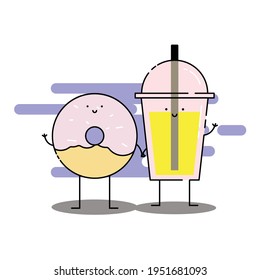 Cute donut and soft drink hold hand Illustration. modern simple food vector icon, flat graphic symbol in trendy flat design style. Food character.