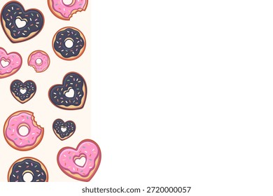 Fondo lindo del día de San Valentín de la dona con el espacio lateral de la copia del borde. Dulce Plantilla de foodie con rosquillas de corazón mordido y círculos. Diseño plano de Vector para tarjeta de menú o publicación en redes sociales.