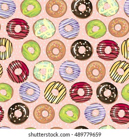 Cute donut vector background seamless pattern.