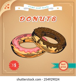 Cute donut. Vector Engraving illustration. Vintage Donuts Poster. Delicious donut dessert. Sweet donut advertising banner. With sprinkle