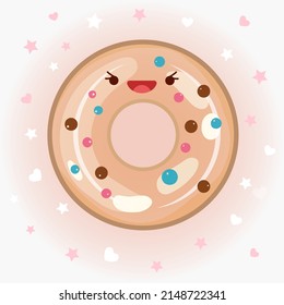 Cute donut vector icon illustration. Donut sticker cartoon logo. Food icon concept. Flat cartoon style suitable for web landing page, banner, sticker, background. Kawaii donut.