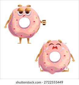 Nette Donut-Vektorgrafik. Donut, Trauer, Set, Emotionen, Weinen, Tränen.