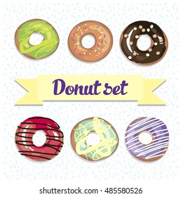 Cute donut vector set. Six donuts with cream and topping on white background