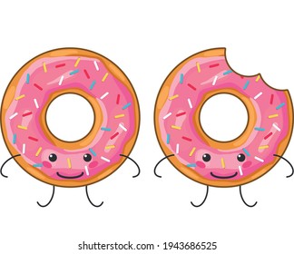 Cute donut. The donut is whole and bitten.