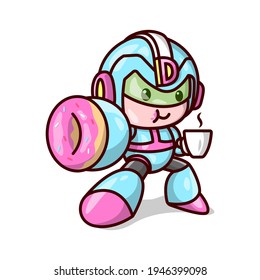 CUTE DONUTMAN WEARING HIS COSTUME AND DRINK A CUP OF COFFEE.