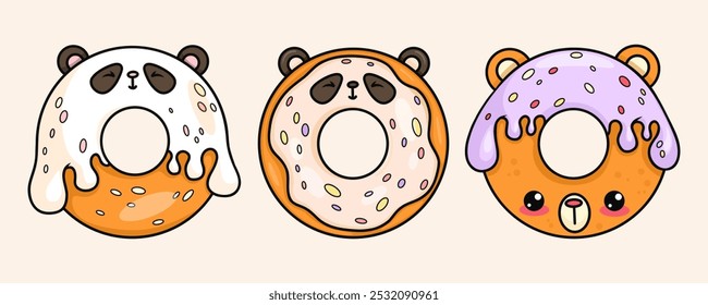 Colección de personaje kawaii de dibujos animados de donas lindas. Divertido oso animal y panda con gotas de hielo. comida dulce aislada. Ilustración vectorial. Colección para niños