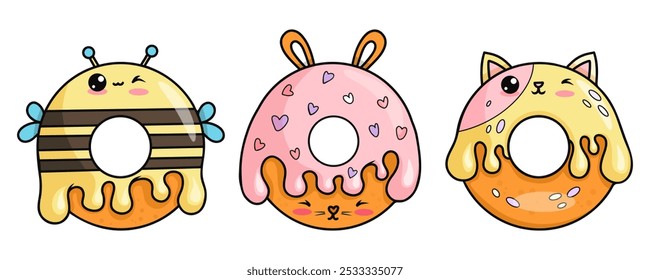 Cute donuts cartoon kawaii character. Funny bunny, cat, and bee with drops icing. Isolated sweet personage pastries food. Vector illustration. Kids collection