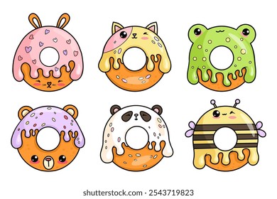 Colección de personaje kawaii de dibujos animados de donas lindas. Rana divertida, conejo, gato, oso, abeja y panda con gotas de hielo. comida dulce aislada. Ilustración vectorial. Colección para niños