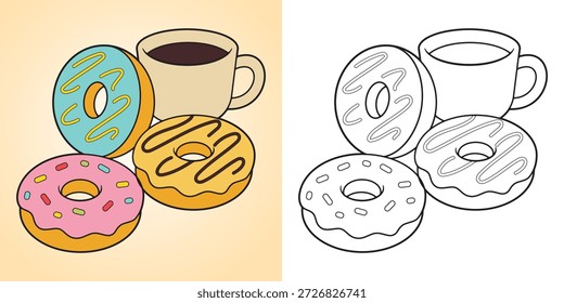 Niedliche Donuts und Kaffee-Malvorlage mit verschiedenen Donuts mit Glasur und Sprinkles neben einer Kaffeetasse. Saubere fette Linien-Kunst mit farbiger Vorschau, ideal für Kinder Malbücher, Essensthemen und Drucktafeln. Hauptobjekt und Hintergrund werden getrennt, nicht in einer Ebene kombiniert
