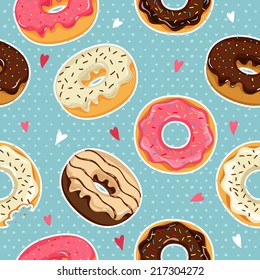 Cute Donuts with colorful glazing. Seamless pattern