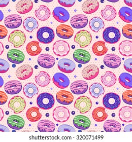 Cute Donuts with colorful glazing. Seamless pattern 