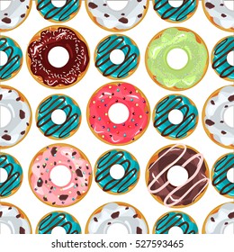 Cute donuts with colorful glazing seamless pattern. Seamless background of colorful donuts glazed. donut, Vector sweet food texture cake dessert sugar cream pastry chocolate dessert bakery.