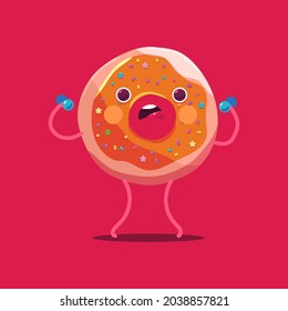Cute donuts with dumbbells vector cartoon character isolated on background.