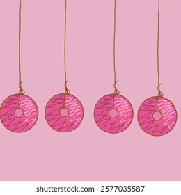 Cute donuts face pattern. Food and meal concept. Colorful sweet background. Delicious glazed donuts on pink background.