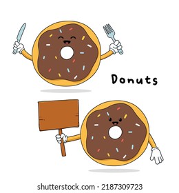 Cute donuts with faces cartoon mascot hand drawn set isolated on white background
