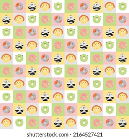 Cute donuts in the form of animals: pig, zebra, frog, cat, lion. Cute pattern for baby clothes, fabrics, diapers. Children's illustration.