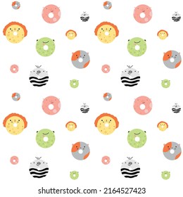 Cute donuts in the form of animals: pig, zebra, frog, cat, lion. Cute pattern for baby clothes, fabrics, diapers. Children's illustration.