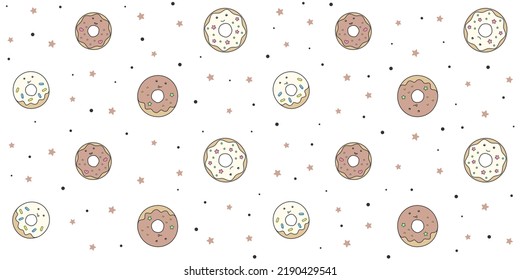 Cute donuts with funny faces on a white background with small stars and dots. Endless texture with kawaii dessert characters. Vector seamless pattern for cover, packaging, printing on clothes and bags