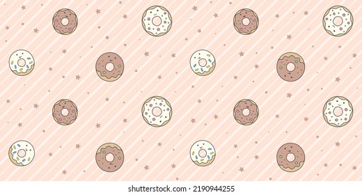 Cute Donuts mit lustigen Gesichtern auf gestreiftem rosafarbenem Hintergrund mit kleinen Sternen und Punkten. Endlose Textur mit kawaii-Nachtisch-Figuren. Vektor-nahtloses Muster für Deckel, Umhüllungspapier, Verpackung, Druck