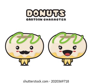 cute donuts mascot, food cartoon illustration, isolated on white background