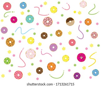 Cute Donuts Pattern on white Background, Bakery shop concept. Colorful donuts set with sugar strands, vector illustration.