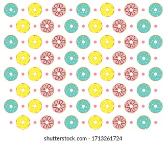 Cute Donuts Pattern on white Background, Bakery shop concept. Colorful donuts set with sugar strands, vector illustration.
