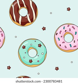 Cute donuts patrón sin costura caricatura de donut coloridos con estrellas de chocolate y rociar sobre fondo de menta. Paleta de colores pastel diseño de impresión de tejidos o papel pintado sin fin. Ilustración vectorial.