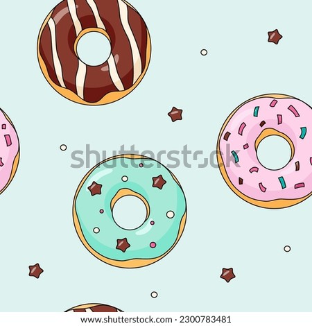 Cute donuts seamless pattern cartoon colorful doughnuts with chocolate stars and sprinkles on mint background. Pastel color palette endless textile or wallpapers print design. Vector illustration.