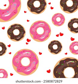 Cute donuts seamless pattern. Chocolate and strawberry donut vector. Can be used for wallpaper and party decoration