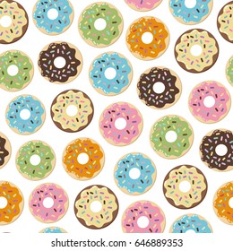 Cute donuts seamless pattern. Colorful dessert background. Vector illustration