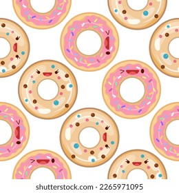 Cute donuts seamless pattern. Vector illustration. Food icon concept. Flat cartoon style.	