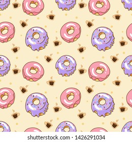 Cute Donuts seamless pattern.Illustration of donuts with different toppings such as strawberry and blueberry. Hot coffee cups in the yellow background. Good for your design.