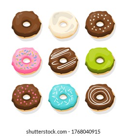 Cute donuts set with many variety. chocolate, green tea, vanilla, strawberry illustration.