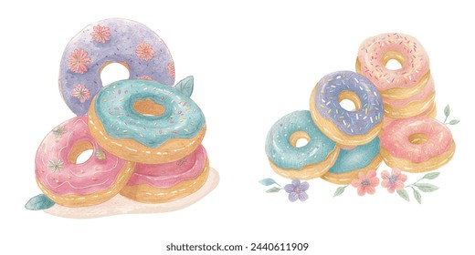 cute donuts watercolour vector illustration