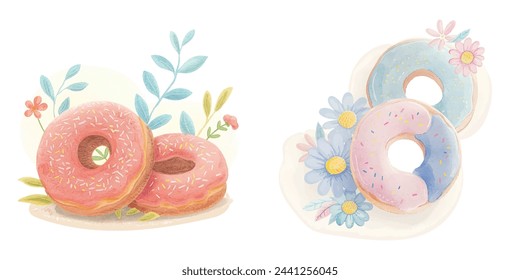 cute donuts watercolour vector illustration 
