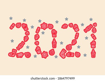 Cute doodle 2021 numbers. Design for seasonal holidays, Christmas and happy new year. Hand drawn vector illustration.