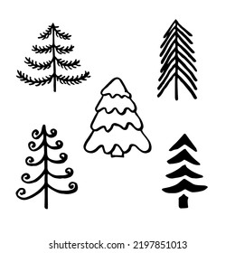 cute doodle abstract conifer pine fir christmas needle trees collection, set