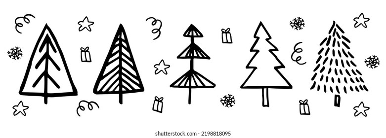 cute doodle abstract conifer pine fir christmas needle trees collection, set