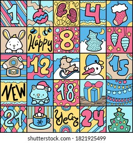 Cute doodle advent calendar with funny animals, square format for 25 days. Handdrawn advent calendar for kids. Square calendar with New Year decor. Christmas greeting card with funny doodles