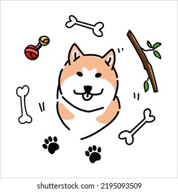 Cute doodle akita inu dog with toy bones and paw marks. Funny hand drawn vector illustration