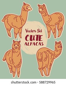 cute doodle alapaca, retro palette, set of vector illustration