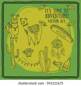 cute doodle alapacas and cactus decoration, and traditional mexican stuff in boho style, green color, set of vector illustration