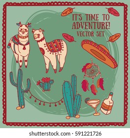 cute doodle alapacas and cactus decoration, and traditional mexican stuff in boho style, set of vector illustration