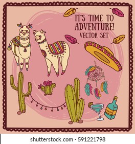 cute doodle alapacas and cactus decoration, and traditional mexican stuff in boho style, set of vector illustration