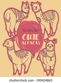 cute doodle alapacas decoration in boho style, set of vector illustration