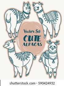 cute doodle alapacas decoration in boho style, trendy colors, set of vector illustration