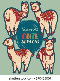 cute doodle alapacas decoration in boho style, bright colors, set of vector illustration