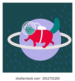 Cute doodle alien cat in space suit walking on Saturn's rings card or poster. Flat design vector illustration