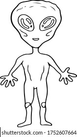 Cute doodle alien. Hand drawn outline vector stock illustration of pretty comic aliens. Isolated on white background. UFO concept. Trendy cosmic Line art.