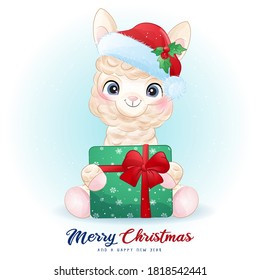 Cute doodle alpaca for christmas day with watercolor illustration